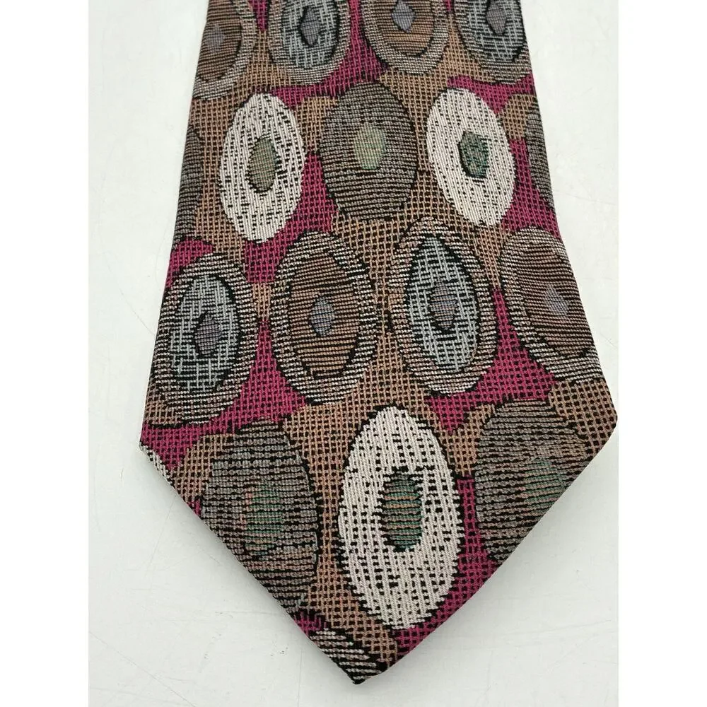 Vintage Albert Nipon Silk Necktie Abstract Oval Geometric Pink Brown Tie